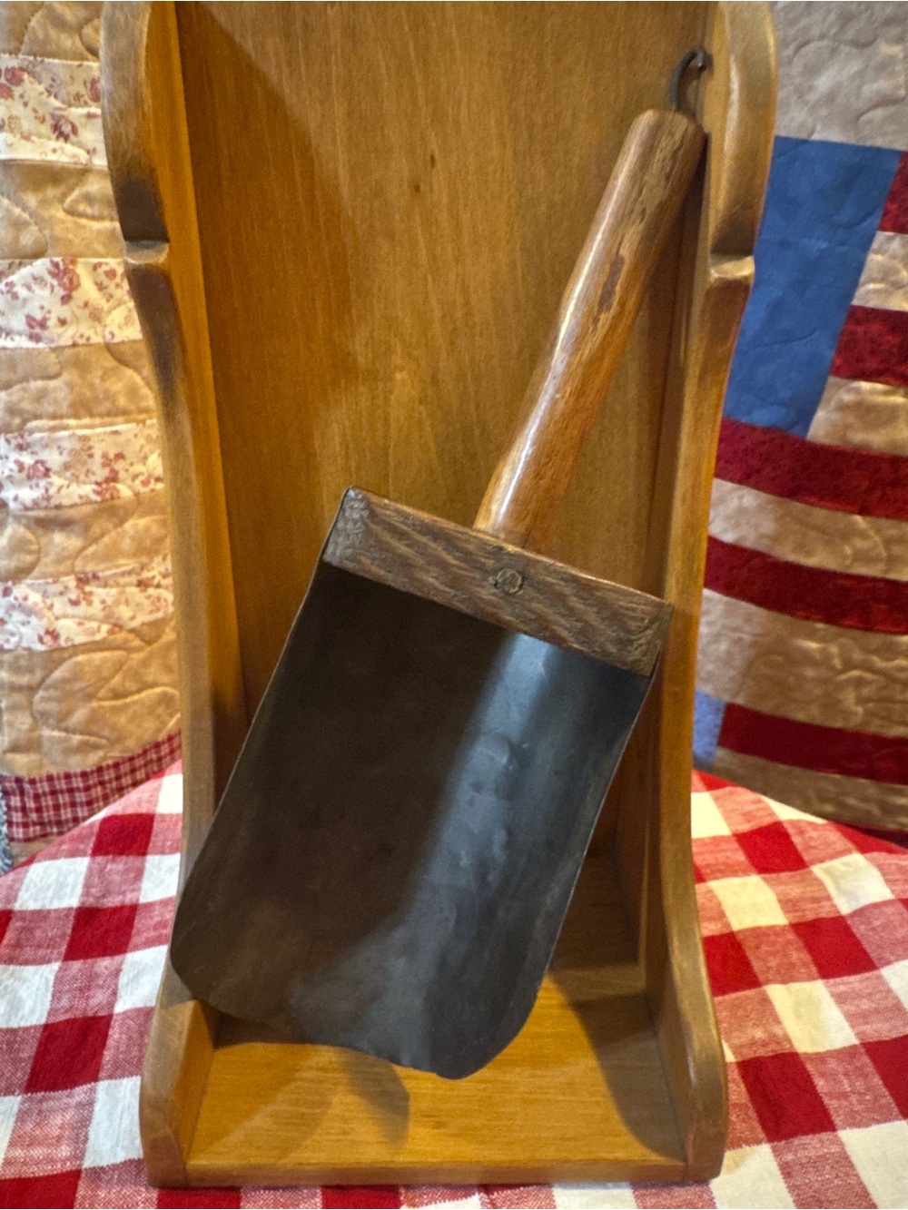 Vintage Wooden-Handled Metal Scoop in Black and Brown
